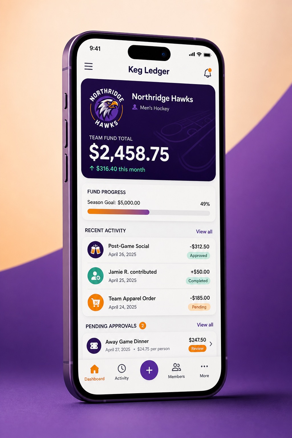 Stylised Keg Ledger mobile app dashboard showing a team fund, progress and recent activity